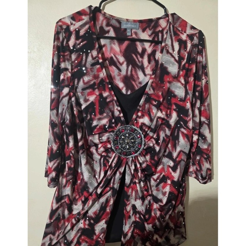 Essentials Womens Red Black Abstract Sequin 2-in-1 Layered Top Medallion 0X